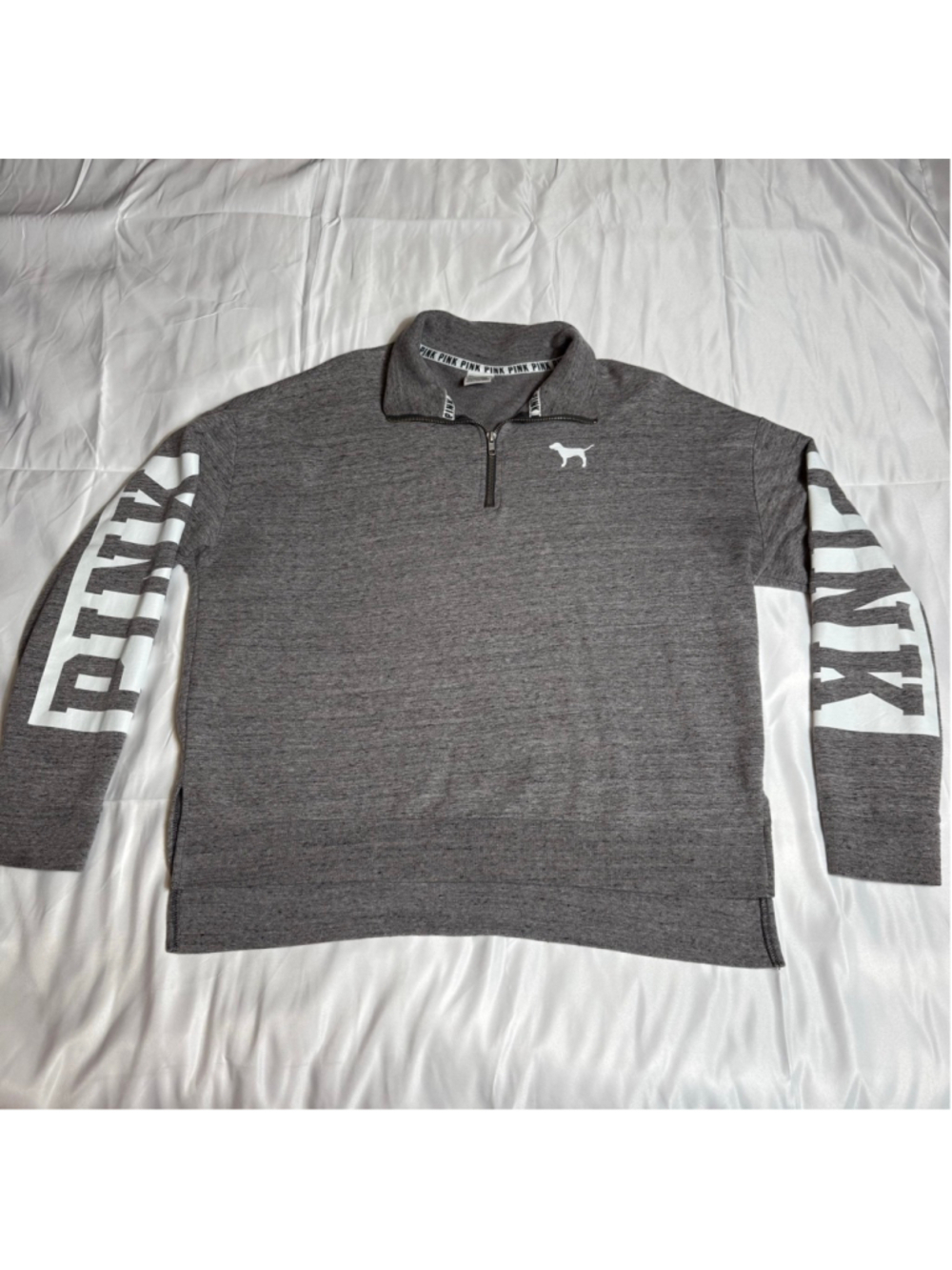 Women's PINK Gray & White Quarter-Zip Sweatshirt M